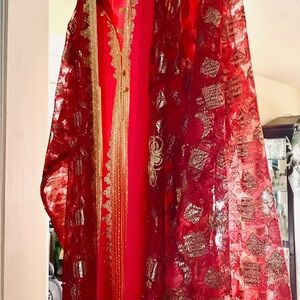 Moroccan long vibrant dress with over coat/kaftan